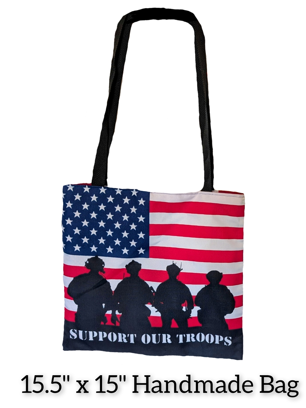 Support Our Troops USA Flag Tote Bag - Black Strap